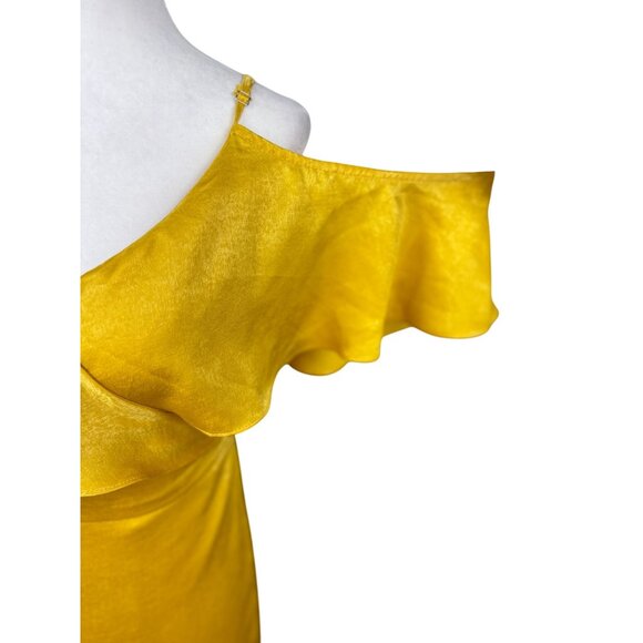 NEW Lulus XL Yellow Ruffled Cold Shoulder Maxi Wrap Satin Dress Formal Gown Chic - Picture 9 of 13